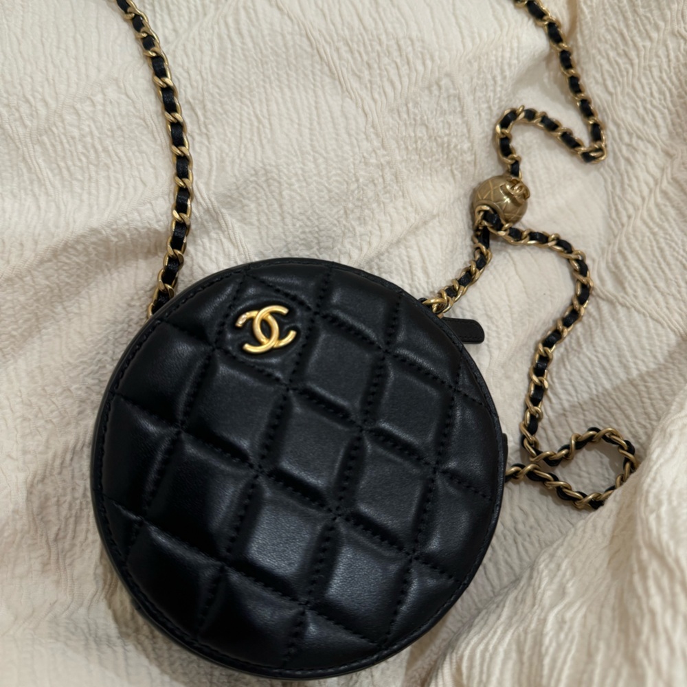 Chanel Black Pearl Crush Round Clutch with Chain Quilted Lambskin
